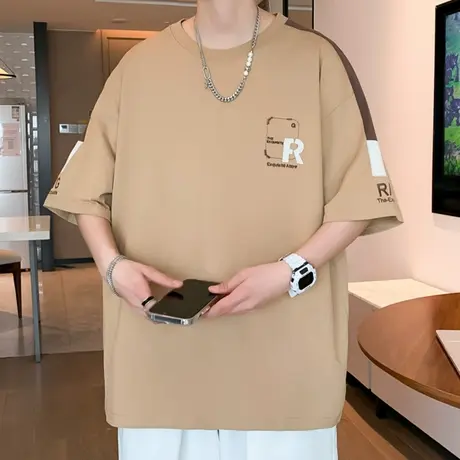 宽松短袖男夏季潮牌五分半袖衣服t休闲青少年拼接字母帅气男士T恤商品大图