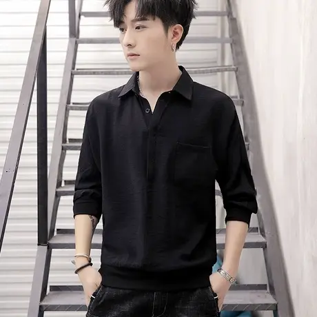 ins七分袖套头帅气衬衫男士春夏季韩版时尚中袖衬衣潮牌蝙蝠衫T恤商品大图