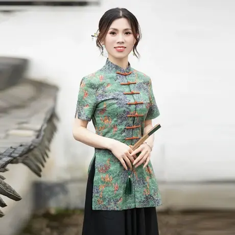 筠雅改良半身旗袍唐装上衣女2023夏季新款年轻款中式盘扣时尚女装商品大图