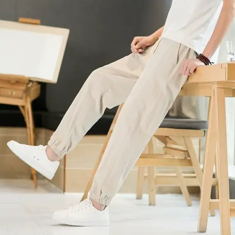 棉麻休闲裤男士大码束脚九分裤薄款夏季宽松套装亚麻阔腿裤哈伦裤商品大图