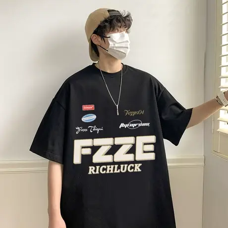 短袖t恤男夏季宽松美式休闲高街半袖ins潮流纯棉圆领oversize体恤商品大图