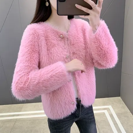 小个子针织开衫女厚秋冬新款很仙的短款慵懒风粉色水貂绒毛衣外套商品大图