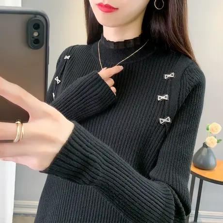 半高领毛衣女内搭打底衫2023秋冬新款弹力套头蕾丝针织衫洋气上衣商品大图