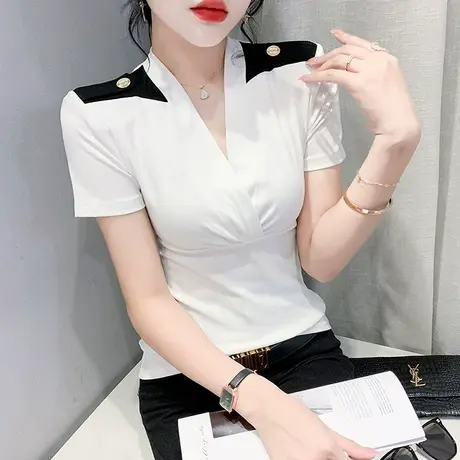 女装2023新款交叉V领短袖T恤显瘦修身小衫设计感撞色高级感上衣女图片