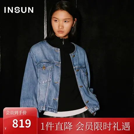 恩裳COVER2023秋装新款时尚圆领怀旧洗水定制LOGO金属扣牛仔外套商品大图