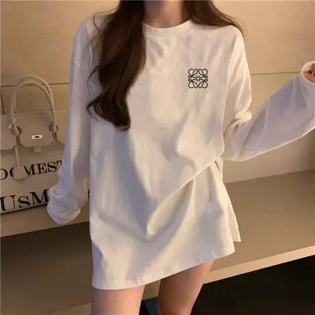 2023秋装叠穿显瘦上衣中长款宽松纯棉白色长袖遮屁股t恤打底衫女商品大图