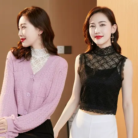 蕾丝打底衫女百搭荷叶边毛衣内搭小衫镂空套头半高领短款女假领子图片