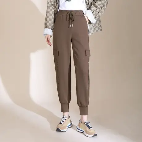 工装裤女束脚裤2023春秋新款高腰哈伦裤系带松紧腰宽松休闲长裤子图片