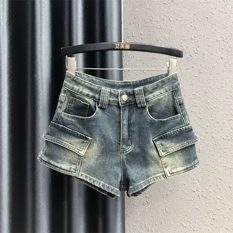 港味复古怀旧个性工装牛仔短裤女2023夏季新款百搭显瘦阔腿裤热裤图片