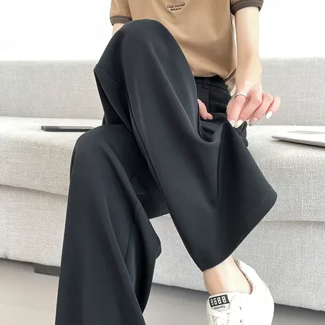 黑色冰丝西装阔腿裤女夏季薄款高腰垂感窄版直筒显瘦休闲拖地长裤商品大图