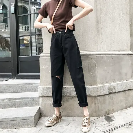 破洞牛仔裤女直筒宽松秋冬加绒加厚高腰小个子显瘦老爹乞丐裤潮商品大图