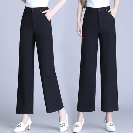 黑色阔腿裤女夏季薄款高腰长裤后松紧设计直筒库宽松时尚休闲裤子图片