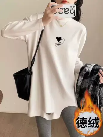 中长款长袖t恤女秋冬半高领双面德绒白色打底衫下摆破洞内搭上衣商品大图