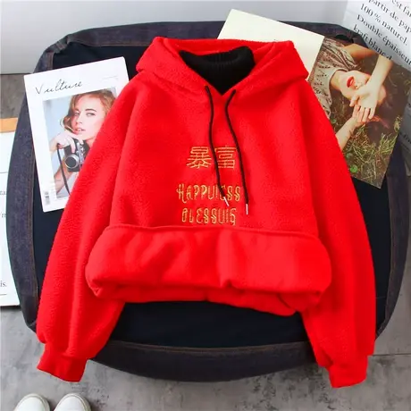 大红色连帽卫衣女2023年秋冬新款欧货加绒加厚中长款中国外套上衣商品大图