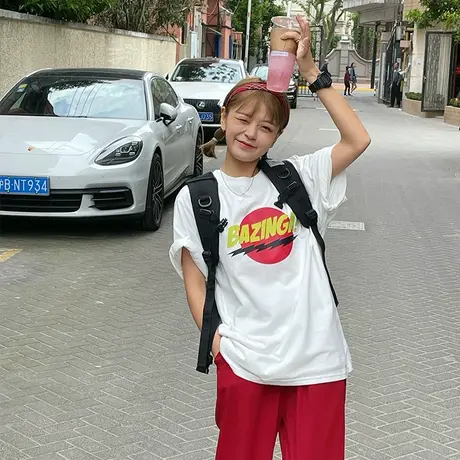 红续盐系少女字母百搭宽松牛角袖圆领短袖纯棉T恤上衣ins新款韩版商品大图