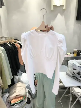 韩国东大门2021秋季新款女装时尚圆领垫肩泡泡袖修身显瘦百搭T恤商品大图