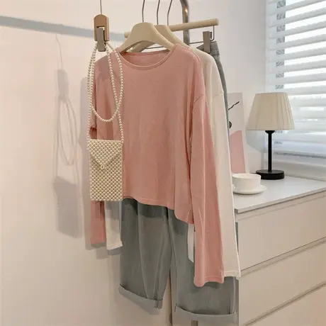 雪花棉薄款圆领长袖T恤女秋季高腰显瘦纯色舞蹈服瑜伽服练功上衣商品大图