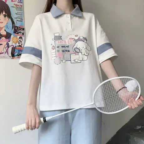日系古着感polo衫短袖t恤女2023宽松韩版ins设计感街头风少女上衣图片