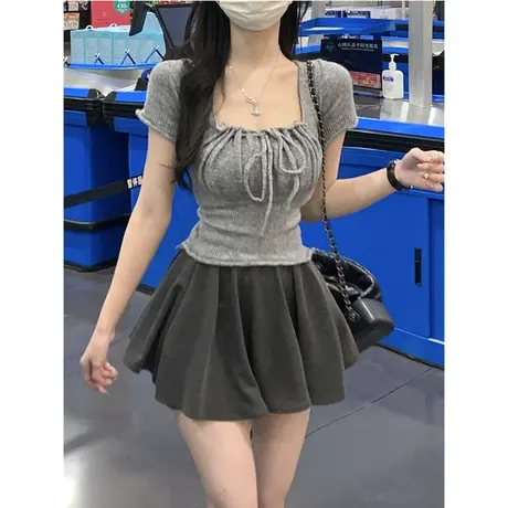 纯欲风方领系带设计感短袖t恤女2023新款夏季修身短款针织衫上衣图片