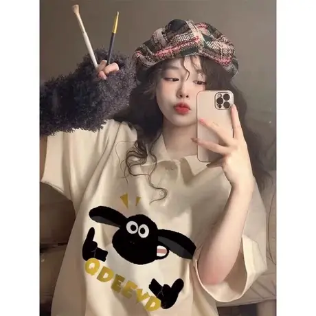 纯棉polo衫设计感短袖t恤女夏季新款小众潮牌港风chic宽松上衣服图片