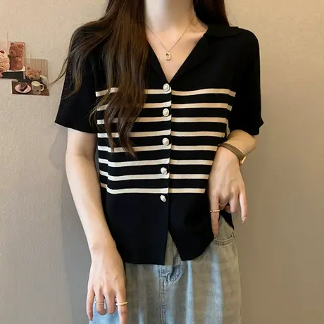 V领冰丝条纹针织衫短袖t恤女2023年新款夏季修身短款正肩开衫上衣图片