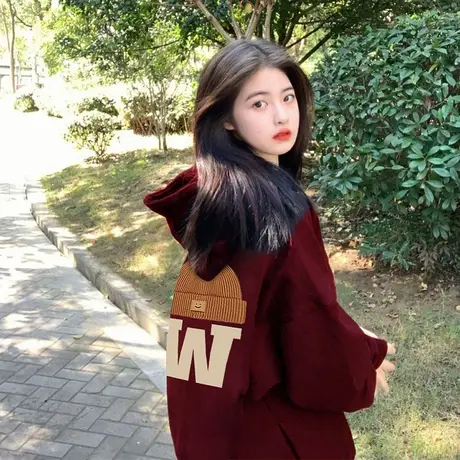 连帽卫衣女春秋薄款酒红色宽松oversize潮牌小众设计感高级感外套商品大图