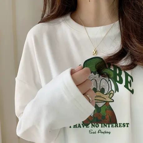 港味复古chic卡通设计感大码圆领长袖女bf慵懒风潮牌ins纯棉t恤秋图片