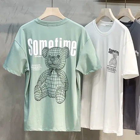 小熊印花T恤男潮牌宽松港风情侣装半袖衣服ins潮流男士短袖夏季款商品大图