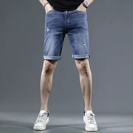 高街破洞五分牛仔裤男2023夏季新款修身弹力潮牌蓝色男士薄款短裤图片
