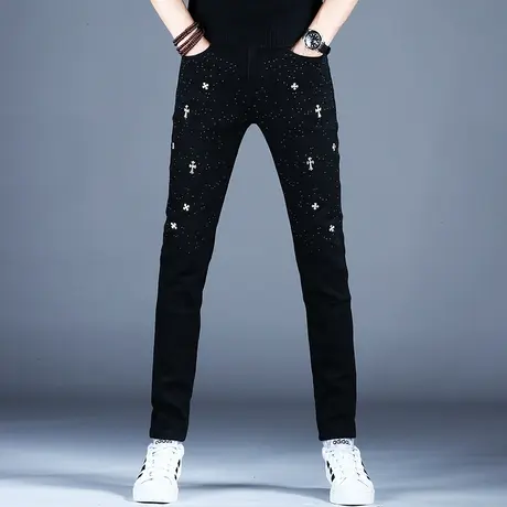 男士高端潮牌纯黑色牛仔裤男款修身小脚裤子烫钻秋款休闲男裤2023图片