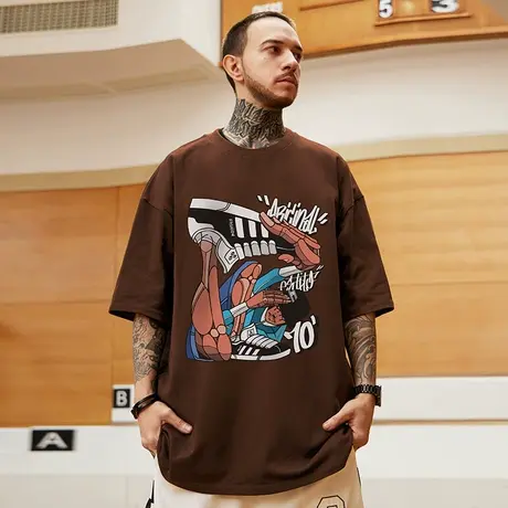 2023新款重磅潮牌宽松T恤美式短袖五分袖纯棉加肥加大码男装半袖图片