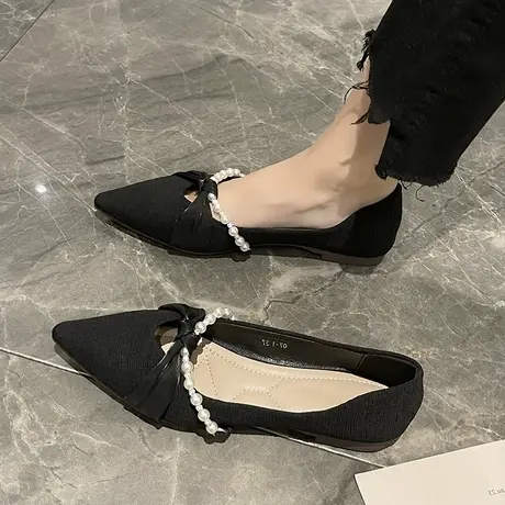 尖头单鞋女秋冬黑色平底鞋2023年新款冬季鞋子气质软底小香风瓢鞋图片