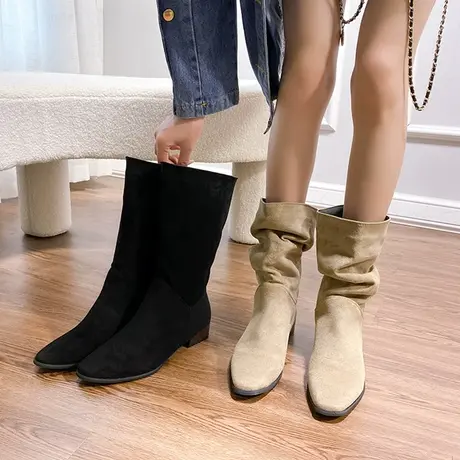 网红褶皱堆堆靴复古尖头粗跟短靴西部牛仔靴春秋新款套筒骑士靴女图片