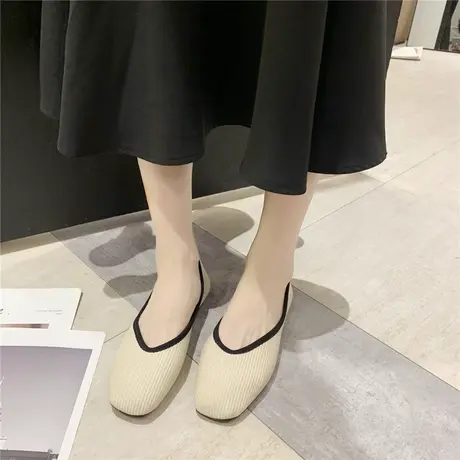 鞋子女夏2023新款春秋针织平底复古奶奶鞋软底浅口方头单鞋女百搭商品大图