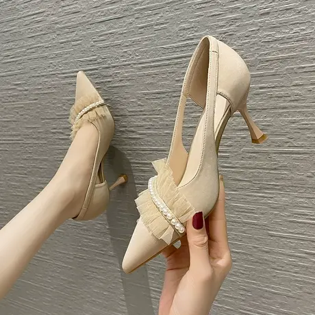 法式气质高跟鞋2023夏季新款仙女风配裙子珍珠单鞋尖头细跟职业鞋商品大图