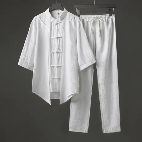 夏季薄款立领半袖衬衫布扣唐装男中国风居士茶服套装棉麻道家禅服图片