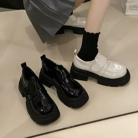 复古气质乐福鞋女厚底增高单鞋2024年新款魔术贴高级感粗跟小皮鞋商品大图