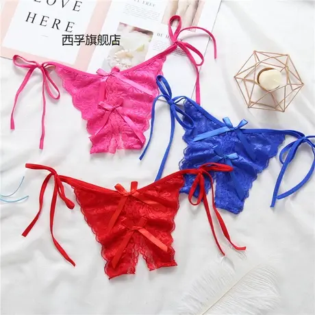 火辣性感内裤女士开裆透明诱惑蕾丝系带三角丁字裤头低腰大码胖mm图片