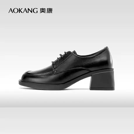 奥康女鞋 2023秋季新款真皮黑色小皮鞋方头系带高跟时装通勤单鞋图片