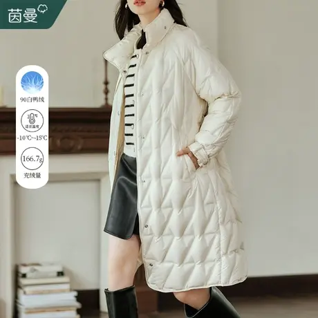 茵曼绗缝千鸟格长款羽绒服女2023年冬季新款收腰系带轻薄保暖外套图片