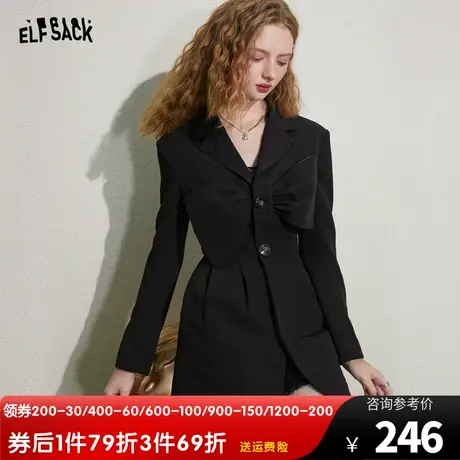 妖精的口袋黑色长款西装外套女2023秋季新款气质设计感小西服外套图片