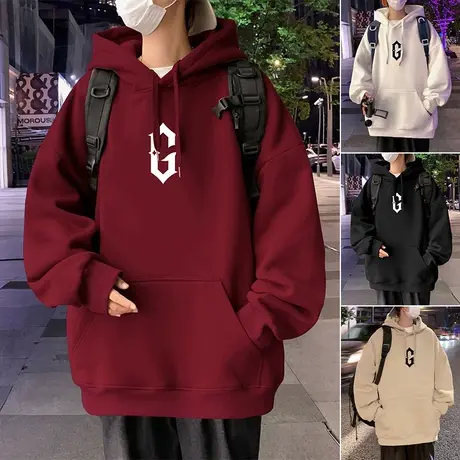 酒红色纯棉连帽卫衣男潮流宽松秋冬季新款情侣装美式休闲帽衫外套商品大图