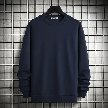 春秋款卫衣男秋装上衣纯色黑色宽松潮流无帽套头加绒圆领长袖t恤商品大图