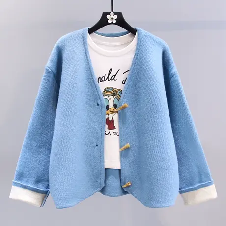 小香风牛角扣毛衣外套女秋冬2023新款韩版宽松设计感V领针织开衫商品大图