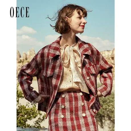 【买1送1】Oece冬新款女复古英伦格纹短款毛呢大衣流行外套商品大图