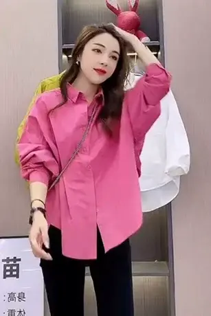 2023年新款欧货纯色长袖衬衫女春装宽松bf风百搭中长款叠穿衬衣潮商品大图
