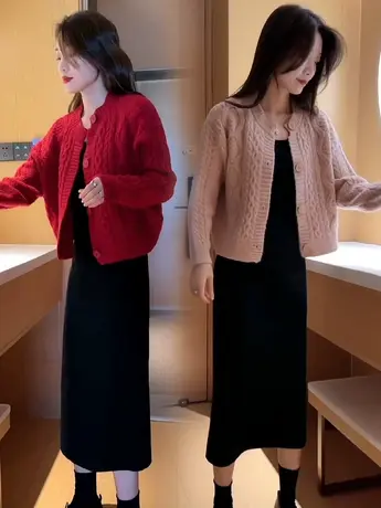 2023秋冬编织长袖设计感纽扣开衫毛衣+收腰开叉显瘦半身裙两件套商品大图