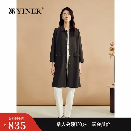 YINER音儿专选秋季斜纹四面弹中长款外套单排扣翻领风衣商品大图