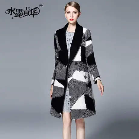 【1件7.9折】秋季新款时尚经典格子拼接黑白灰女士毛呢外套图片