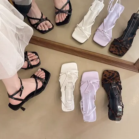绝美女士凉鞋女款2025新款夏季女鞋法式时尚方头细跟一字带高跟鞋商品大图